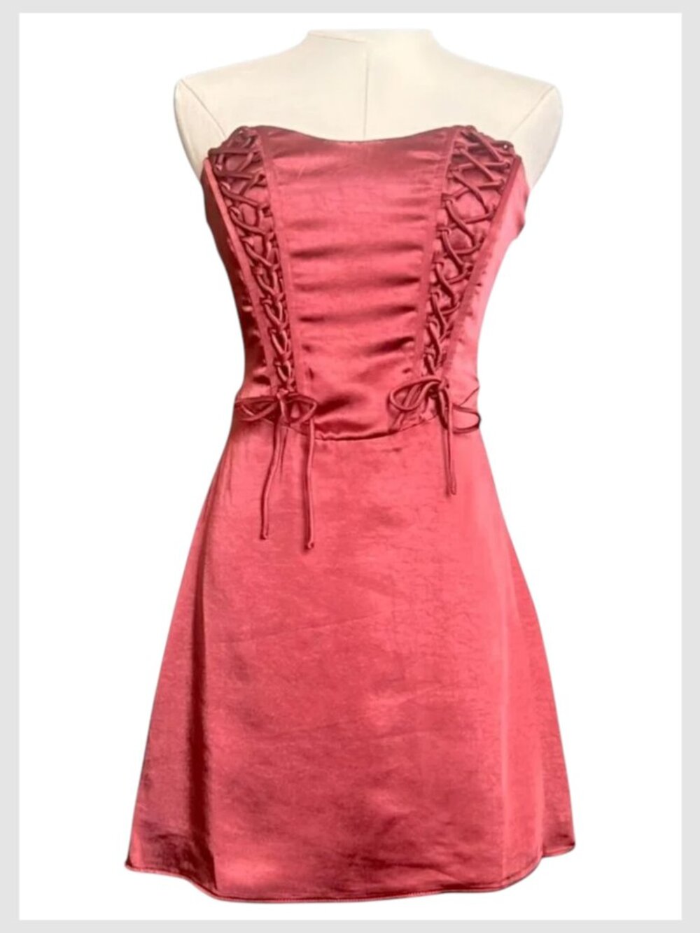 Lulu’s Strapless Satin Lace-Up Mini Dress Rusty Rose Size S - Picture 2 of 9